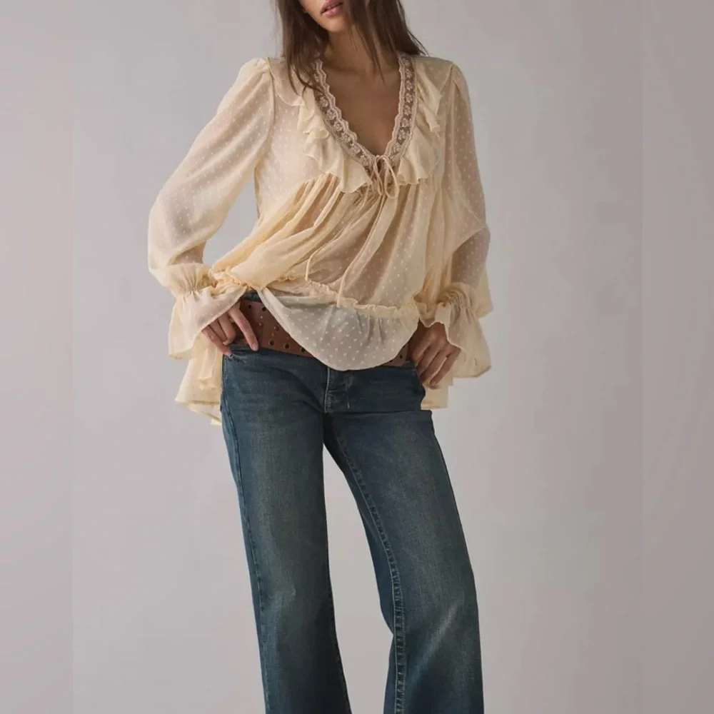 KIMCHI BLUE Bohemian Sheer Ivory Babydoll Tunic Top, M, NWT just beautiful - Picture 3 of 6